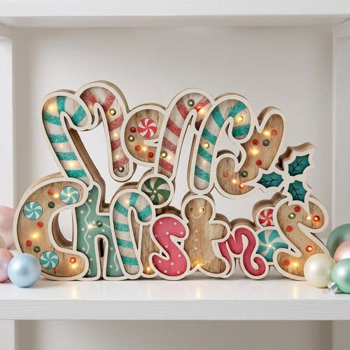 Light-Up Candy Cane & Gingerbread Christmas Sign – 9.1"
