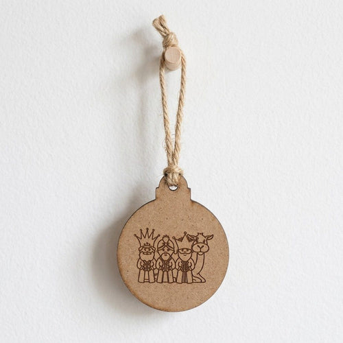Artesanía en Madera - Mini Ornamento Circular de Tres Reyes Magos con Camello