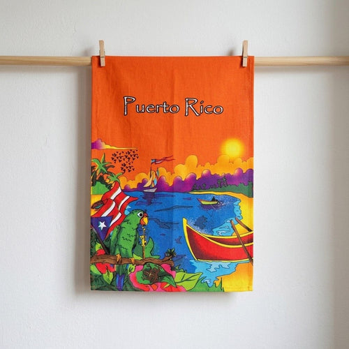 Souvenir de Puerto Rico – Toalla de Cocina con Diseño de Playa, Cotorra y Bandera