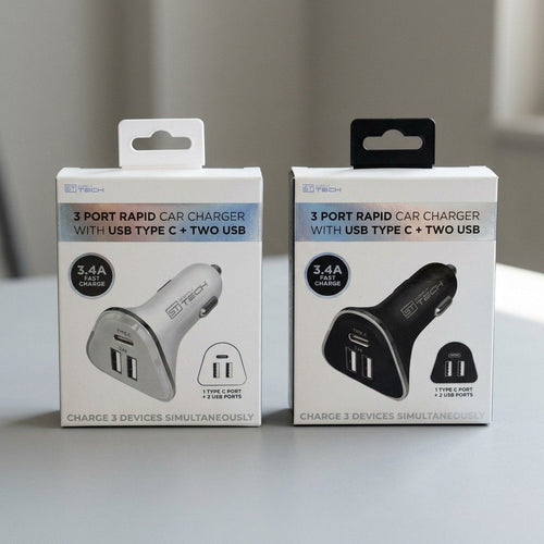 3 Port Rapid Car Charger with USB Type C + two USB
