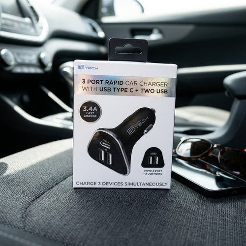 3 Port Rapid Car Charger with USB Type C + two USB – Carga tres dispositivos en el carro