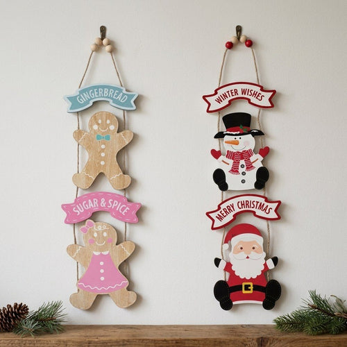 Xmas Wall Wooden Hanging Decor 5.5" x 18.7" | Gingerbread & Santa Claus