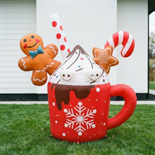 Inflable Navideño | Taza con Gingerbread | 6 Pies Autoinflable con Luces LED
