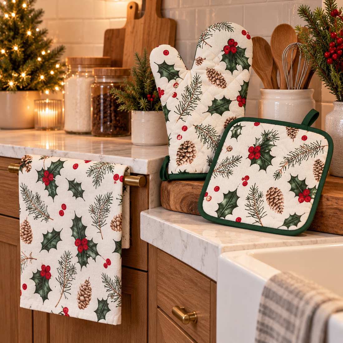 Toalla, Guante y Agarradera | Estilo: Traditional Christmas Botanical Print