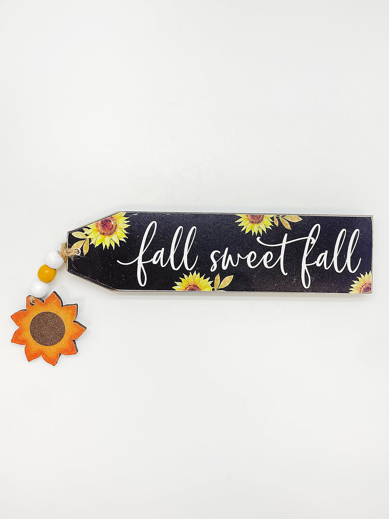 Otoño - Decoración de madera para mesa con detalle colgante, mensaje a escoger. 8"x2"