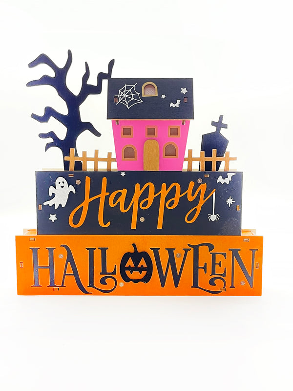 Halloween-  Decoración de madera con luces led. 9"x9"