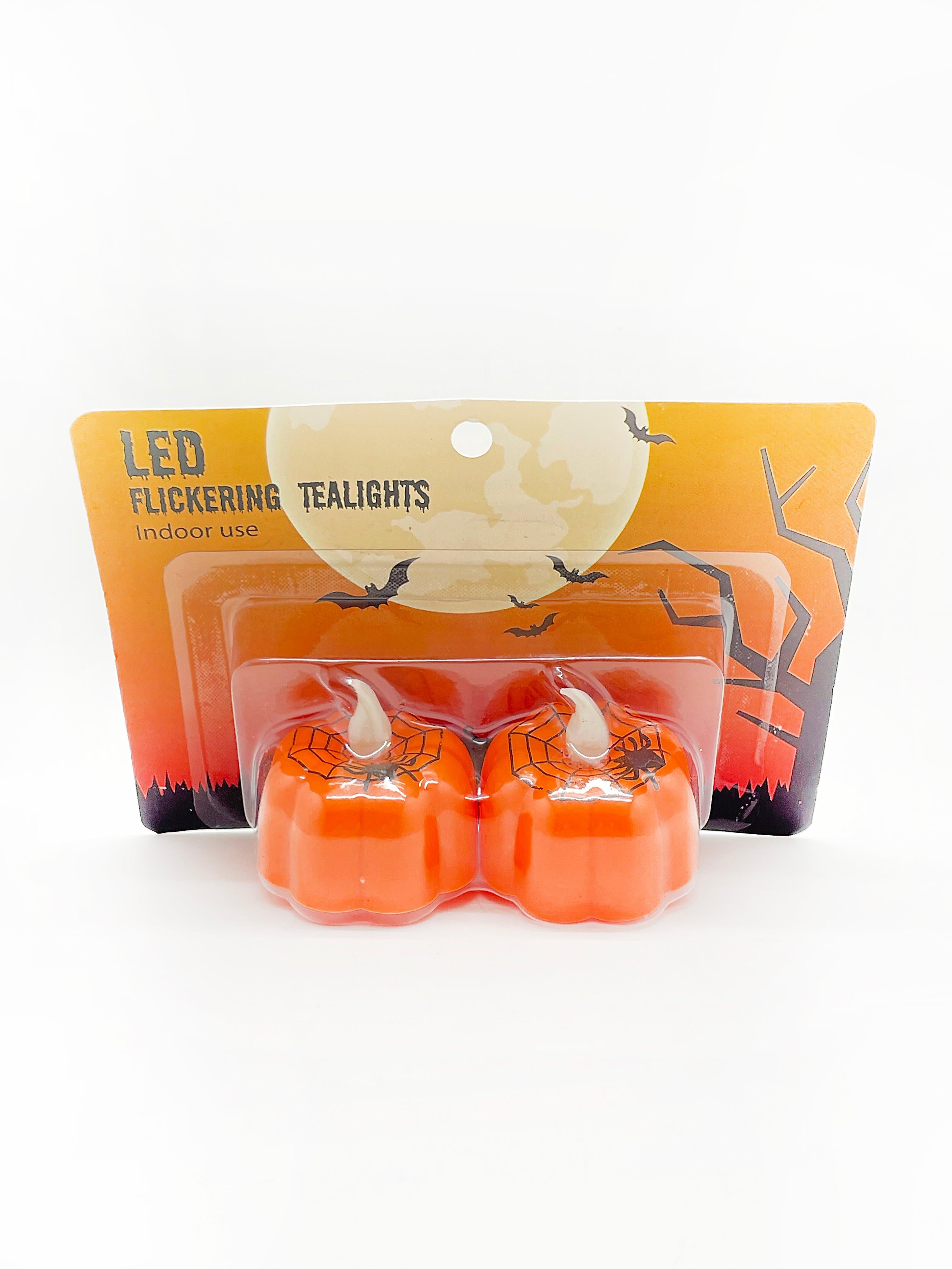 Halloween - Pumpkin LED Flickering Tealights 2 Pc | Spiderweb Design