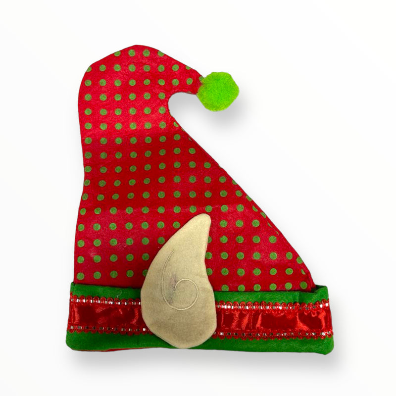 Gorro Navideño con Orejas de Elfo - Rojo con Círculos Verdes