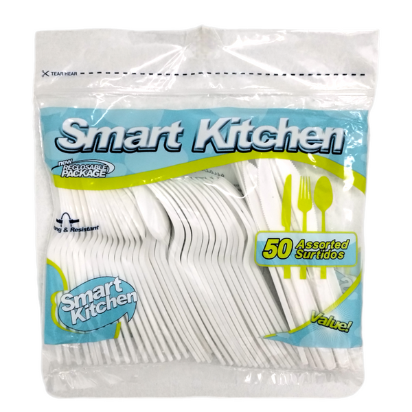 Smart Kitchen - Cubiertos Blancos Plasticos Surtidos (50pcs)