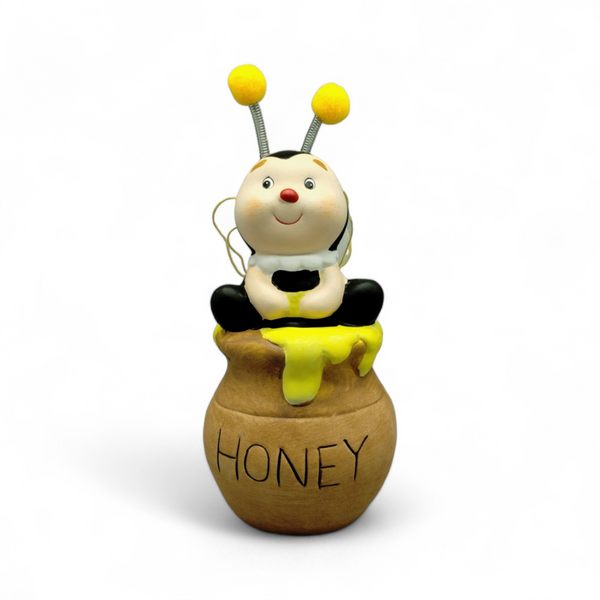Small Ceramic Figurine - Honey Jar and Bee (3.7" x 3.7" x 6.8") *NO SHIPPING BY MAIL*