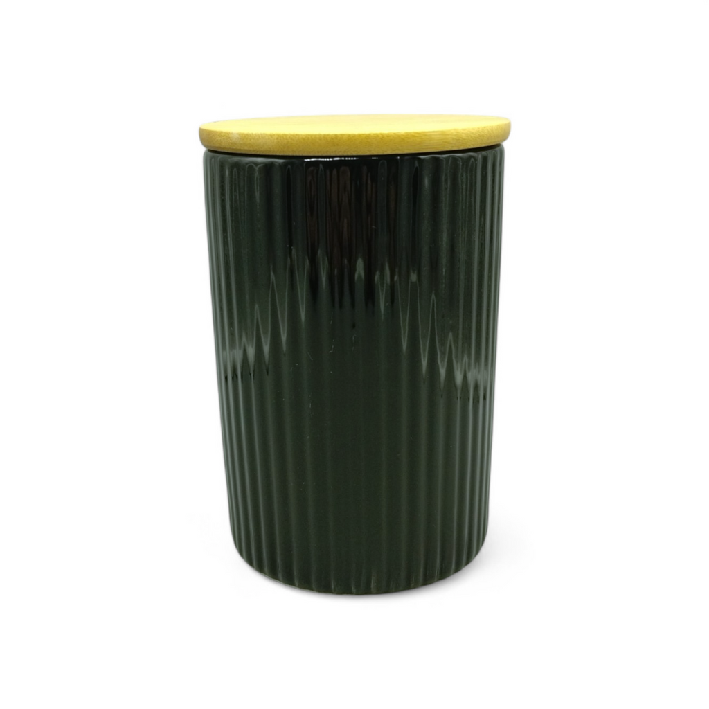 Canister Mediano de Cerámica con Tapa de Bambú (5.5" × 3.9") *NO ENVIOS POR CORREO*