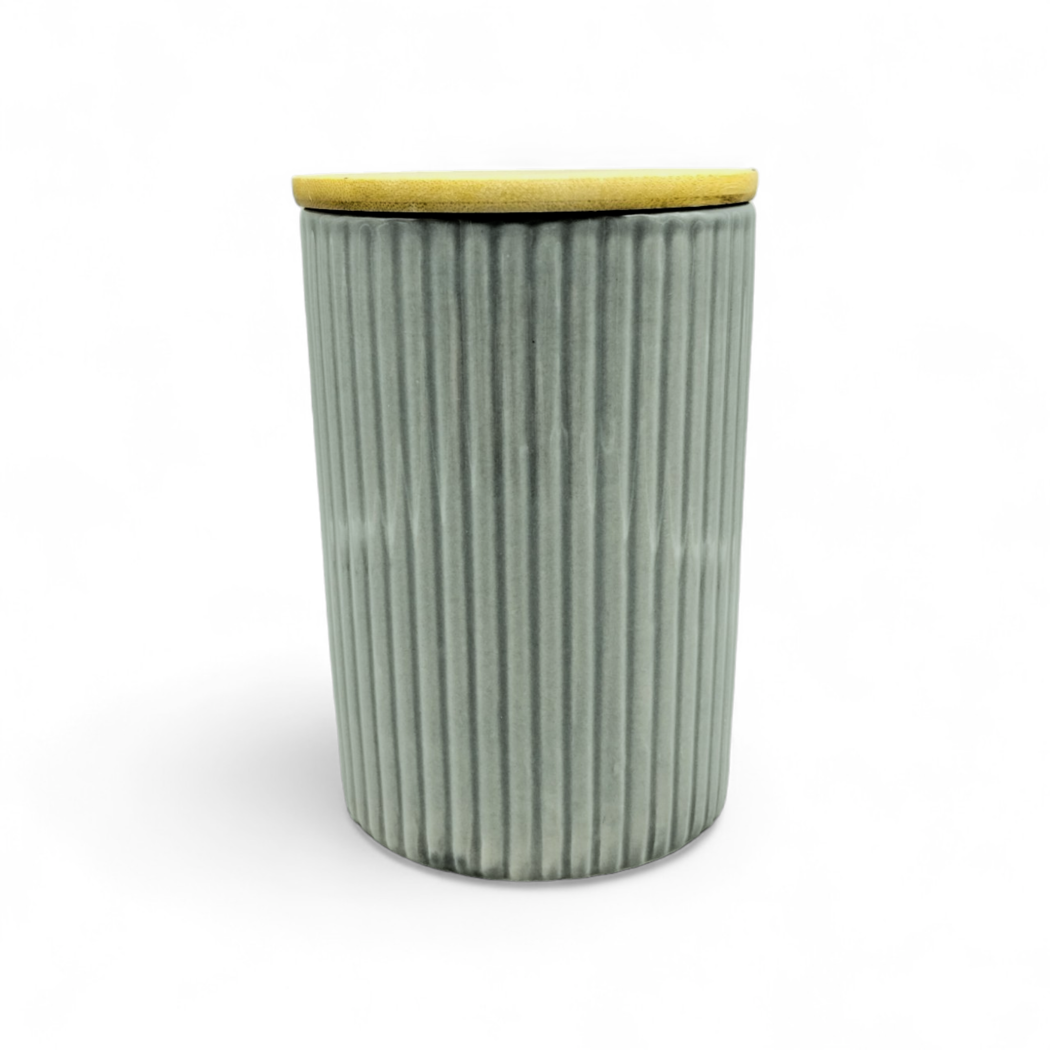 Canister Mediano de Cerámica con Tapa de Bambú (5.5" × 3.9") *NO ENVIOS POR CORREO*