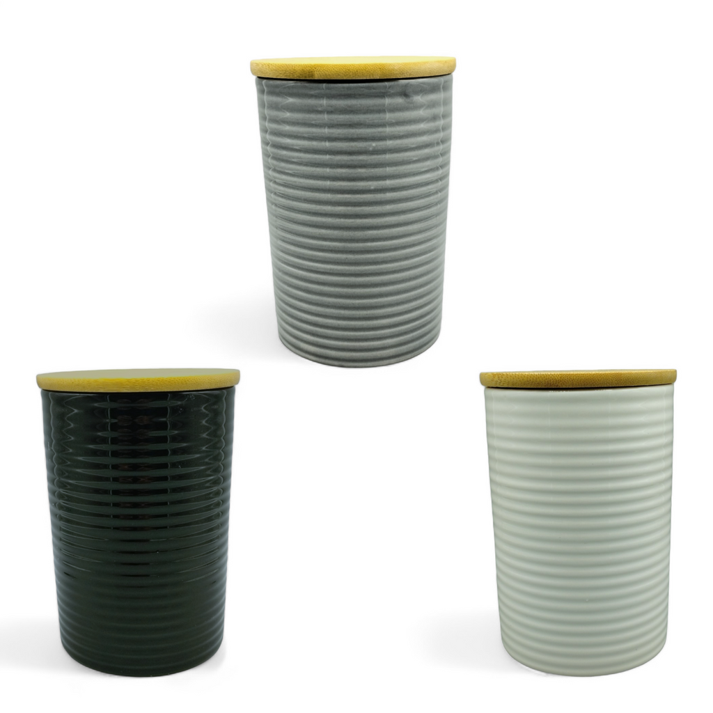 Canister Mediano de Cerámica con Tapa de Bambú (5.5" × 3.9") *NO ENVIOS POR CORREO*