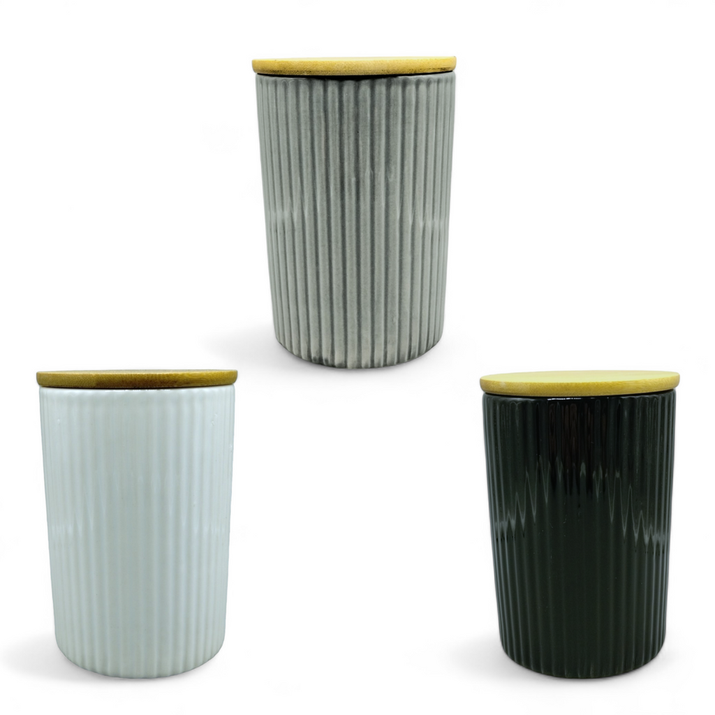 Canister Mediano de Cerámica con Tapa de Bambú (5.5" × 3.9") *NO ENVIOS POR CORREO*