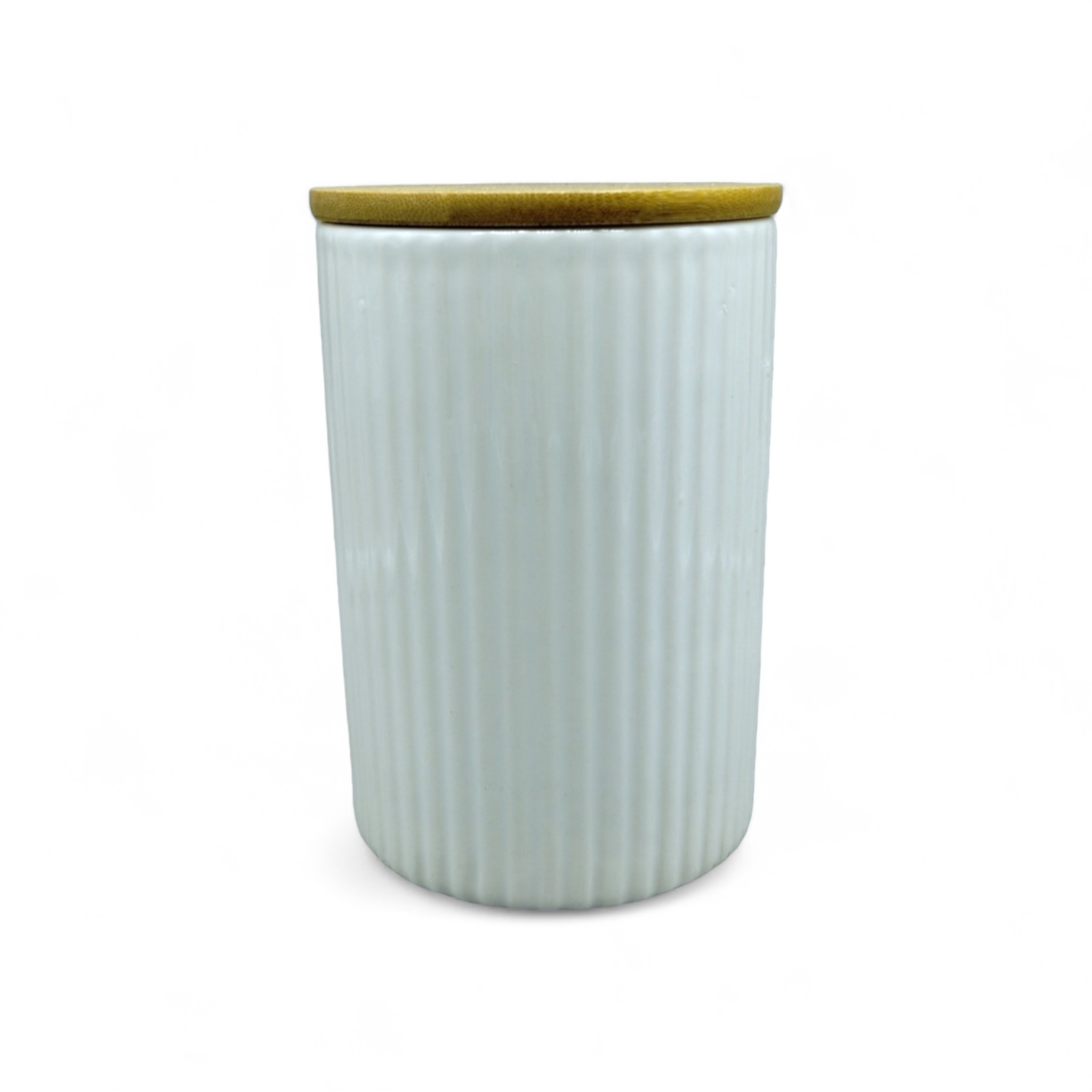 Canister Mediano de Cerámica con Tapa de Bambú (5.5" × 3.9") *NO ENVIOS POR CORREO*