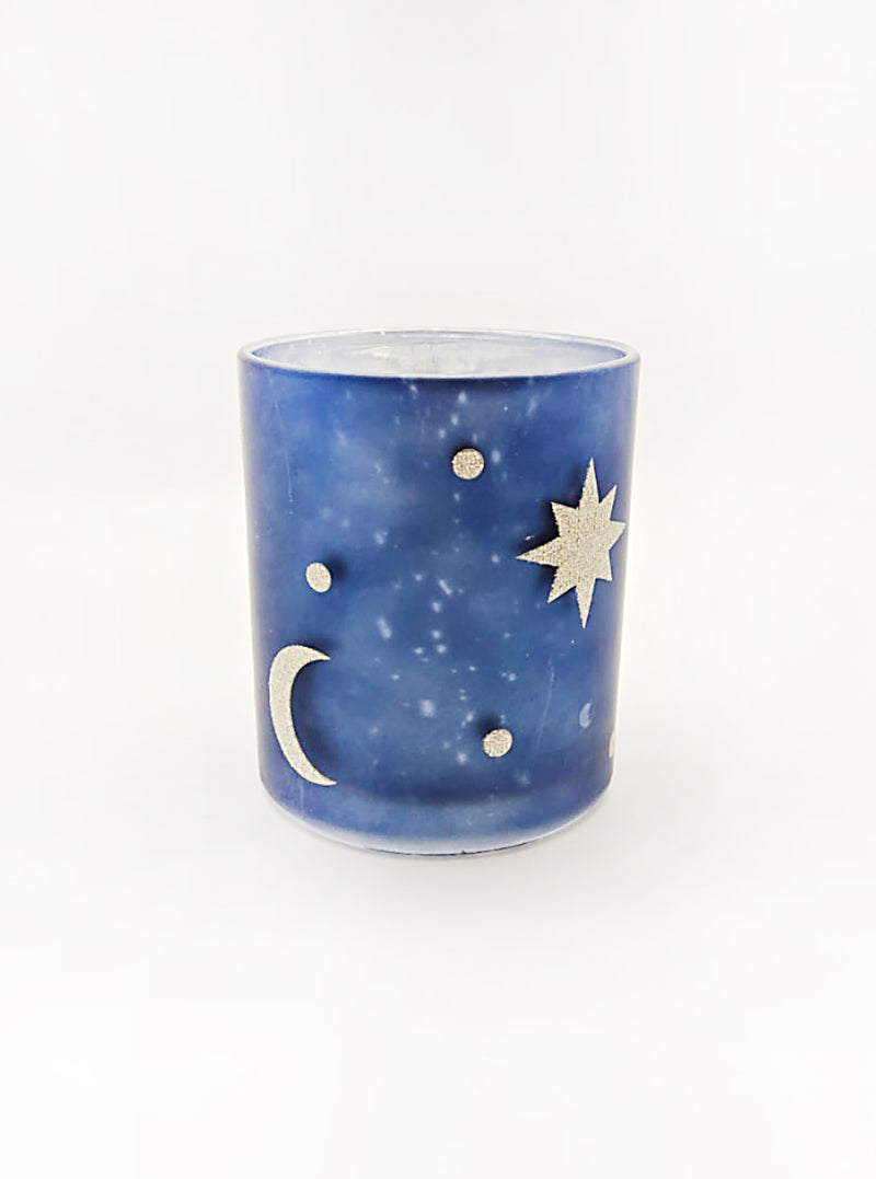 Otoño - Vaso decorativo lunas y estrellas de cristal para vela 4"x3.50"