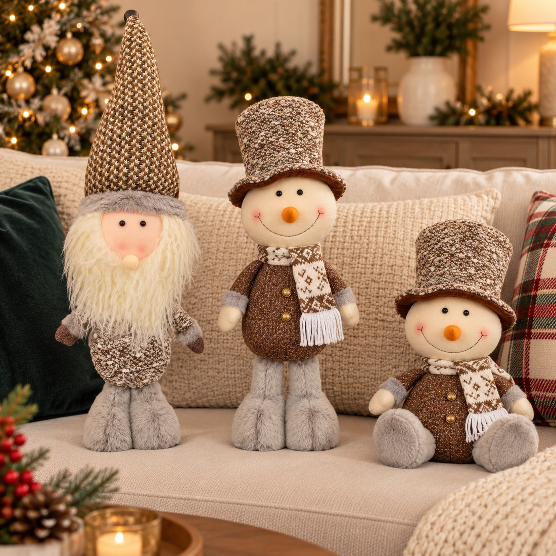 Santa Claus y Snowman Decorativo de Peluche | De Pie & Sentados | Colores Neutrales