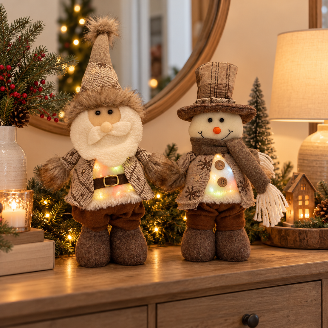 Peluches Navideños | Santa Claus & Snowman de Pie 12" | Colores Neutros c/ Luces LED