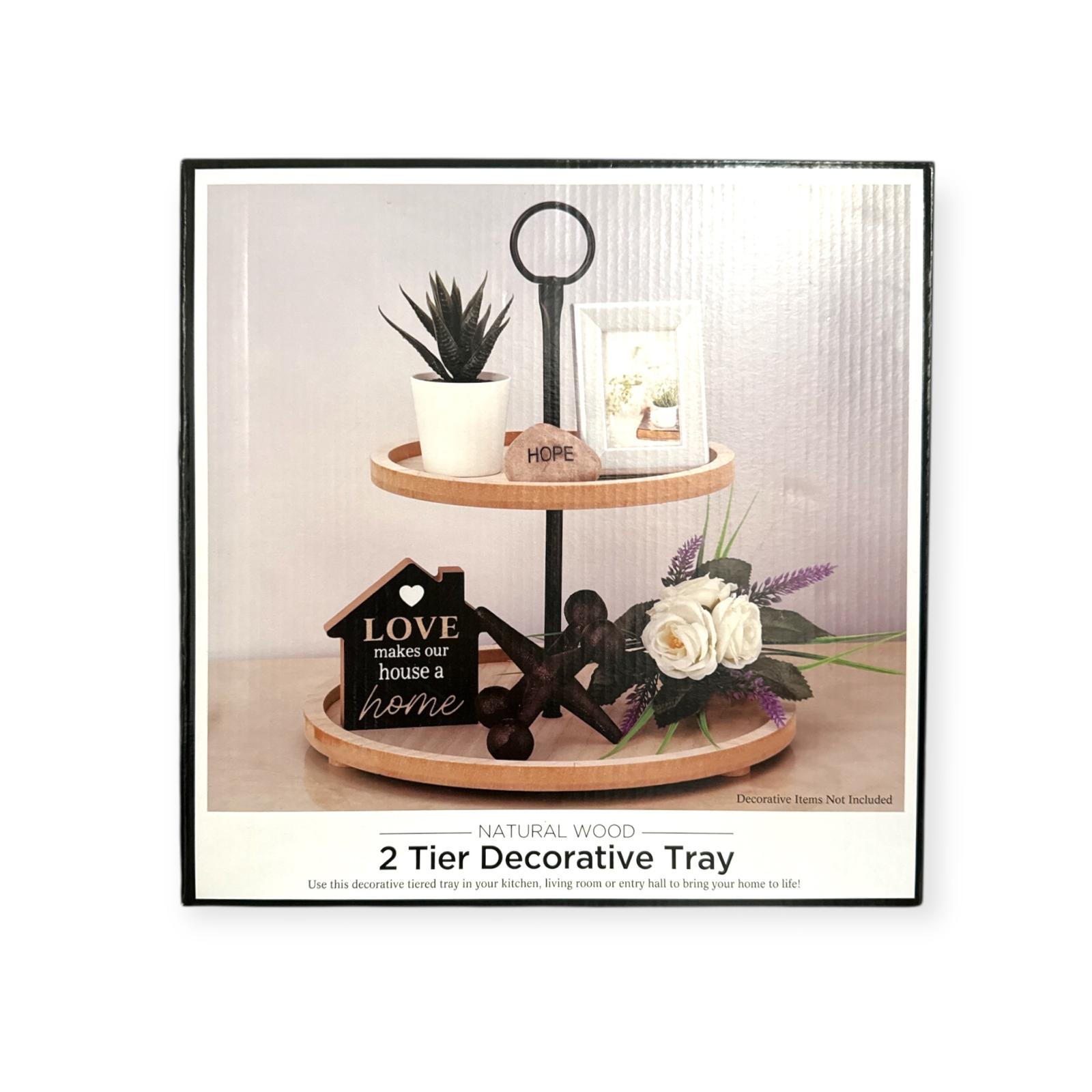 Bandeja Decorativa de 2 Niveles, Madera Natural