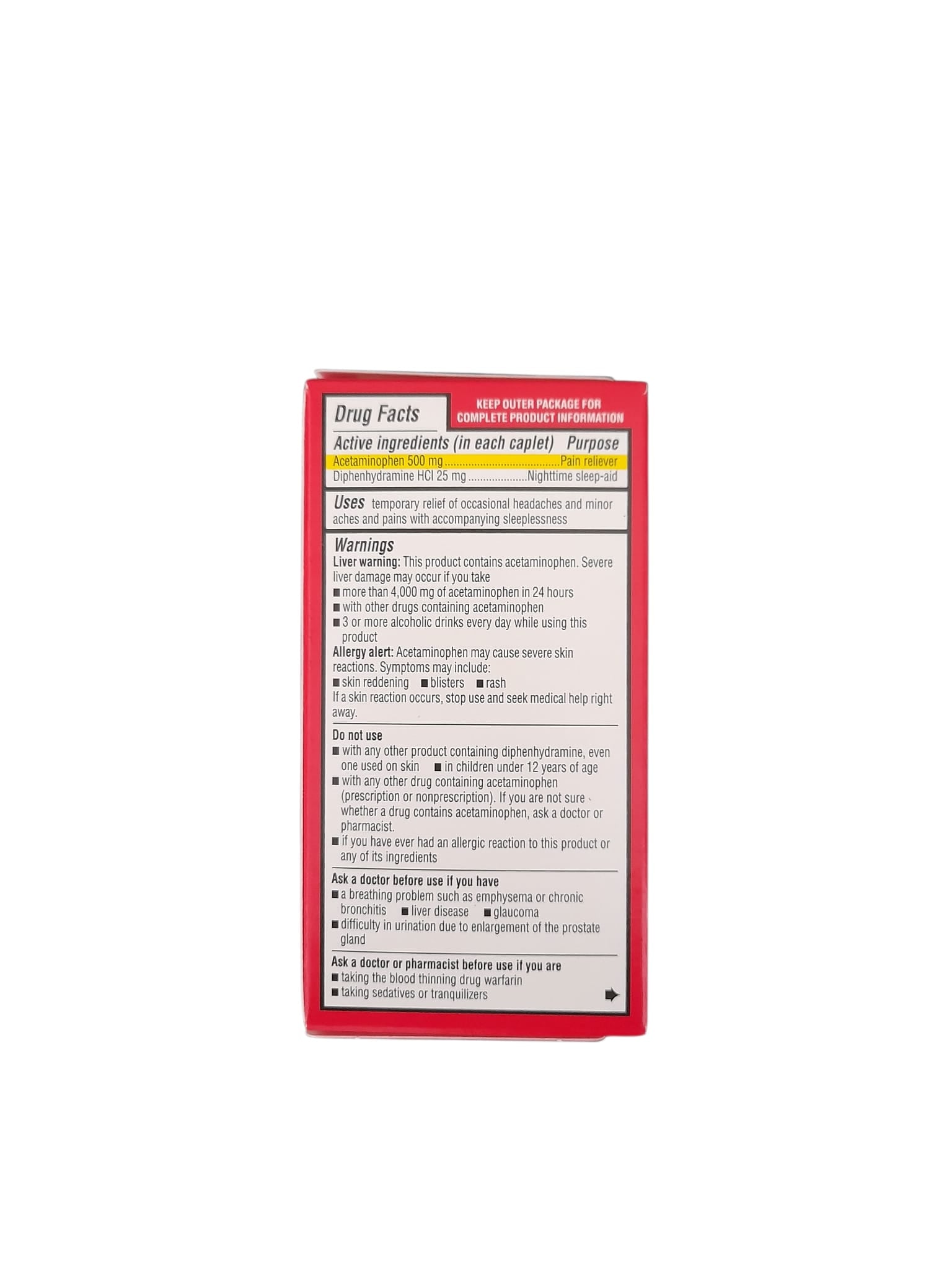 Extra Strength Pain Relief Acetaminophen PM - 100 Caplets, 500mg.