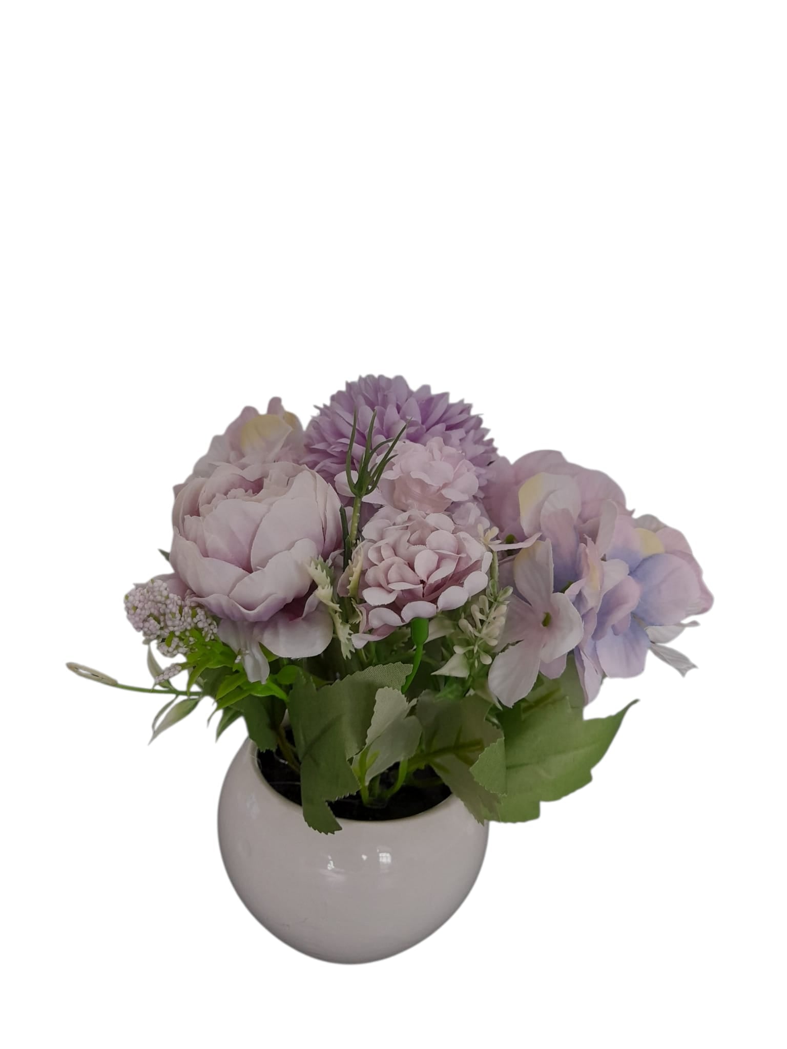 Flores Artificiales en Tiesto Blanco Redondo.
