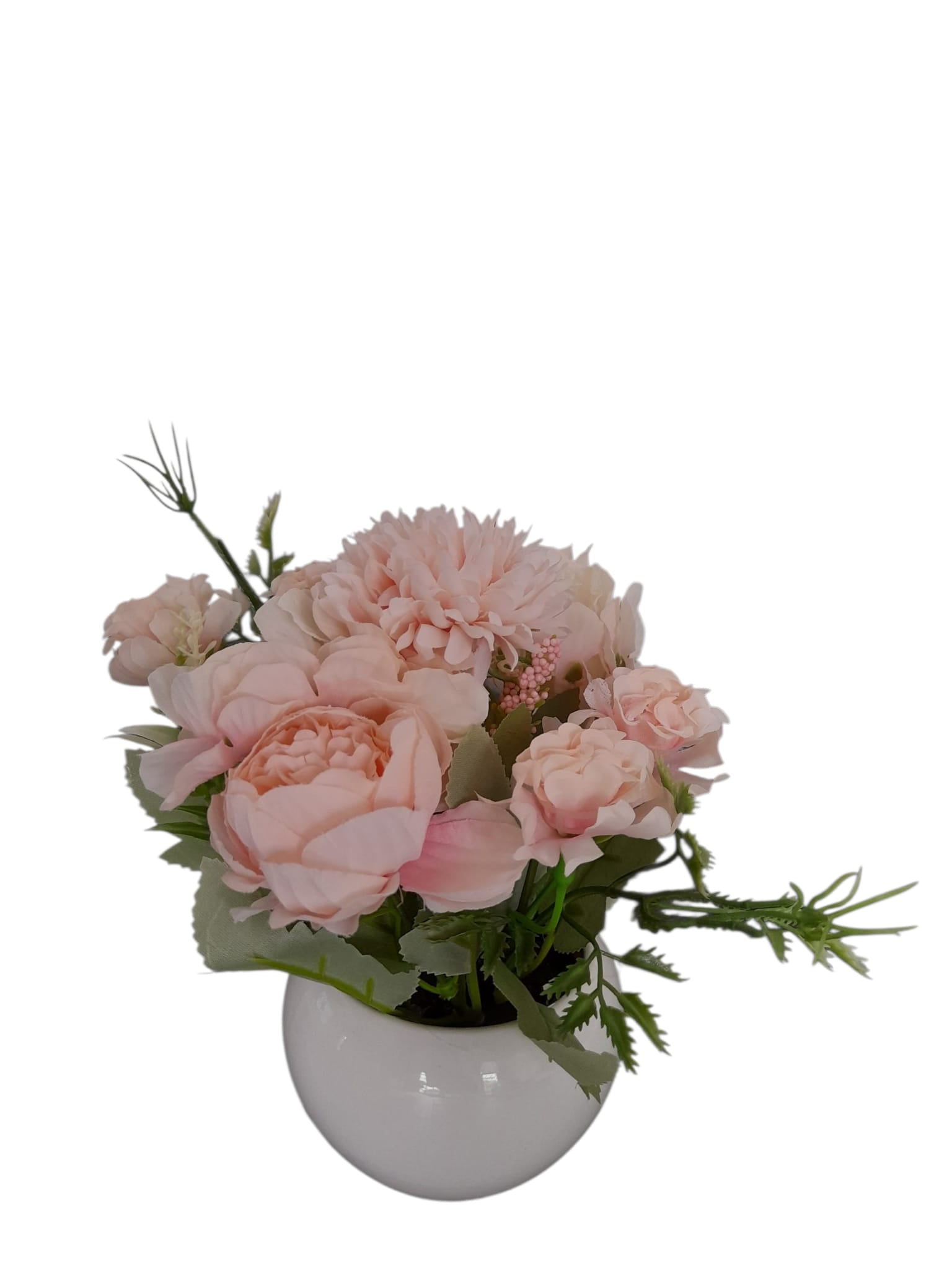 Flores Artificiales en Tiesto Blanco Redondo.