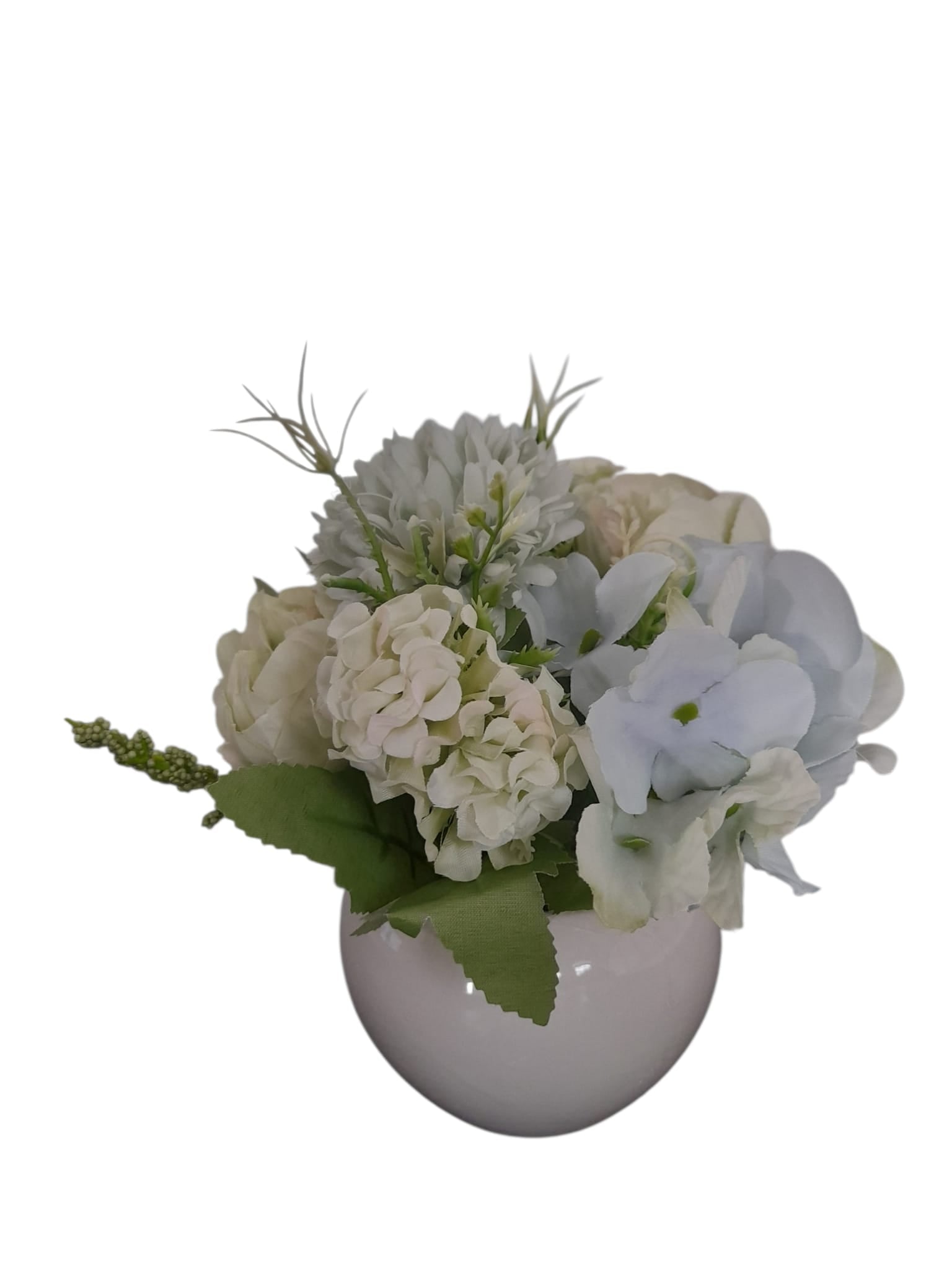 Flores Artificiales en Tiesto Blanco Redondo.