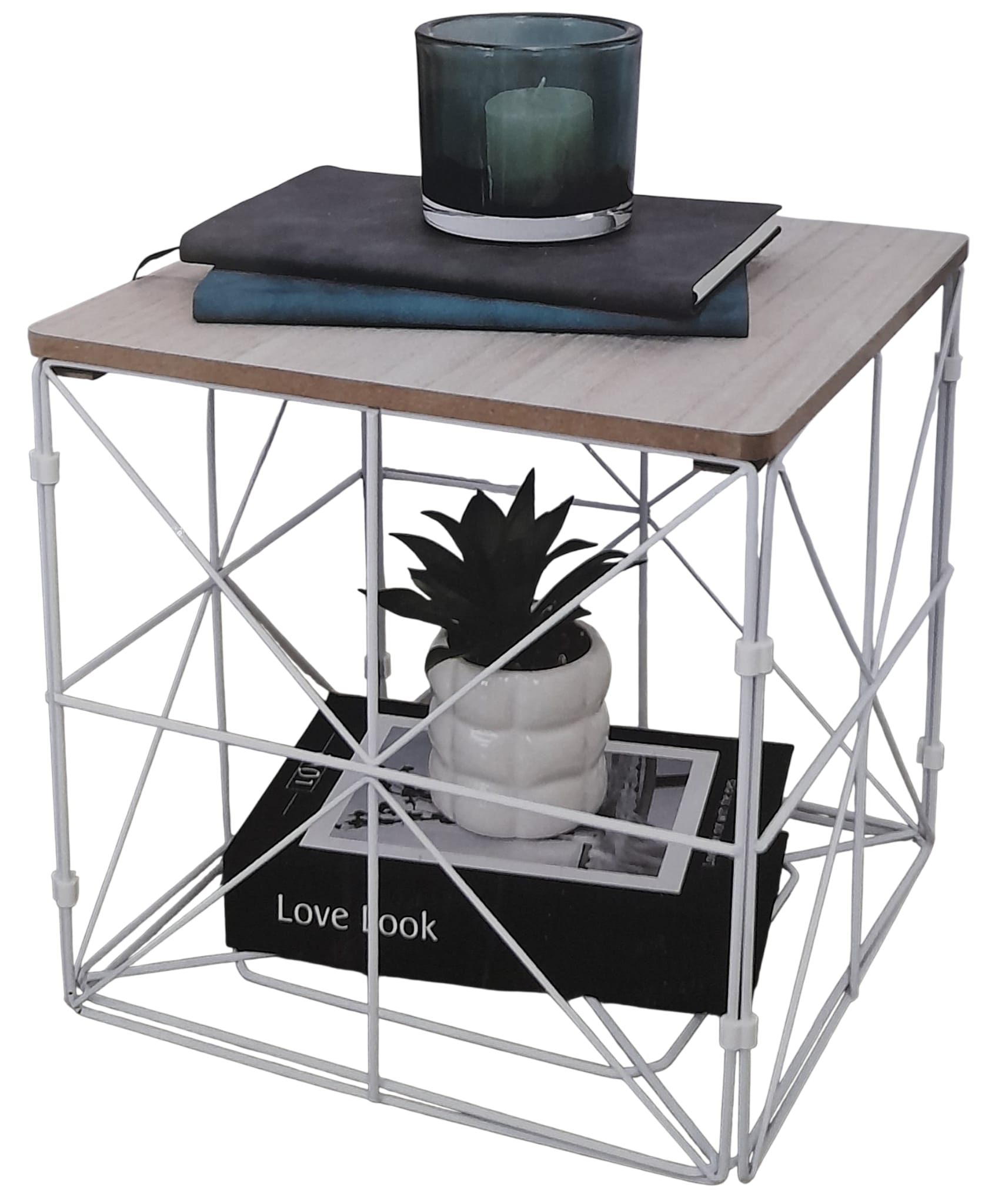 Mesa Pequeña Decorativa de Madera y Metal Blanco.