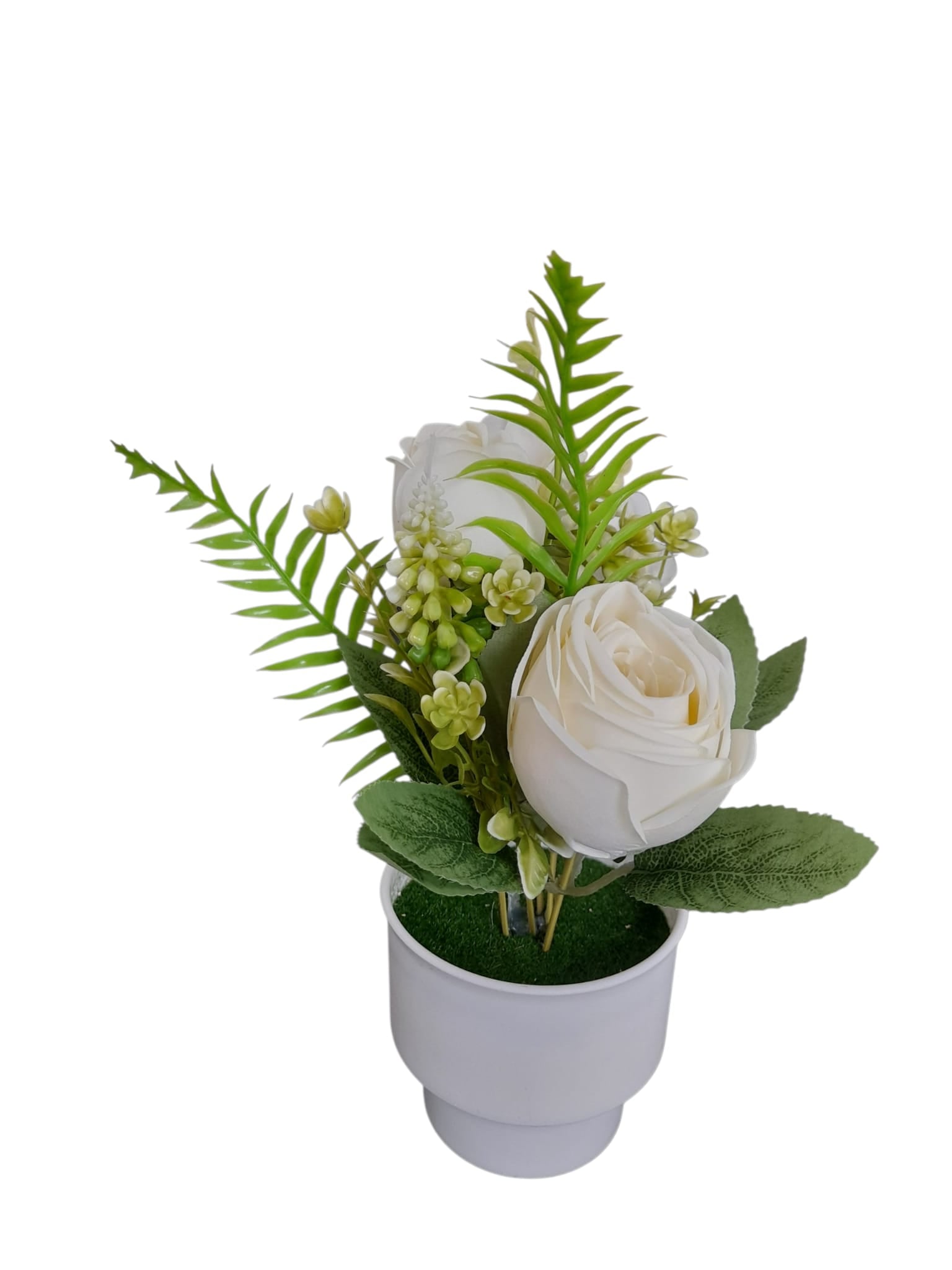 Rosas Artificiales en Tiesto Blanco Pequeno.