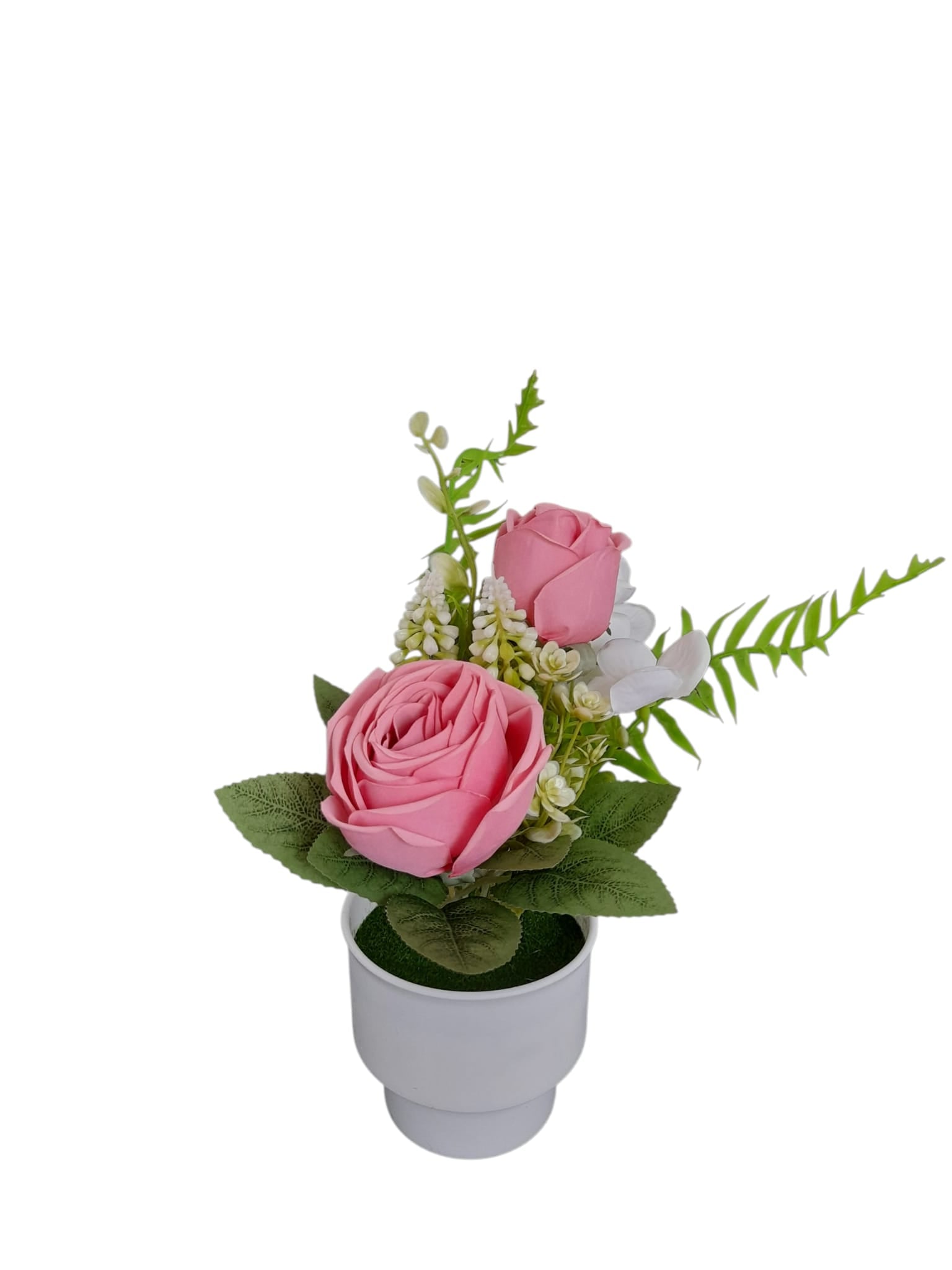 Rosas Artificiales en Tiesto Blanco Pequeno.