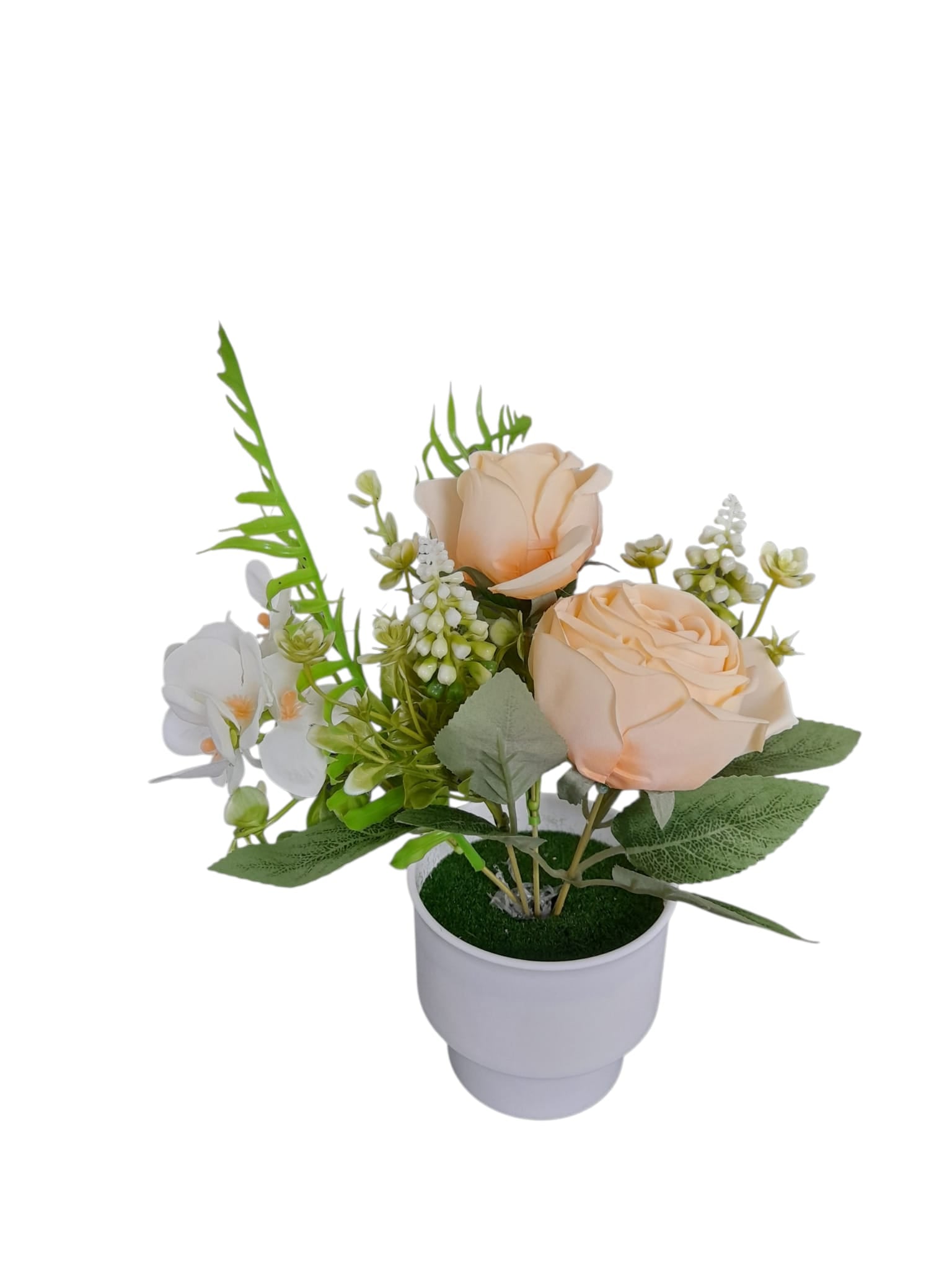 Rosas Artificiales en Tiesto Blanco Pequeno.