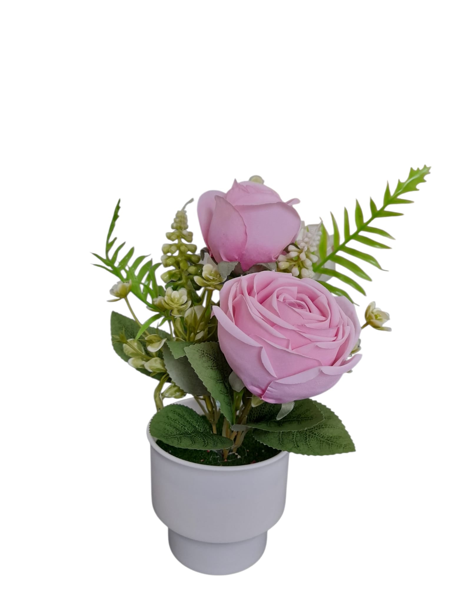 Rosas Artificiales en Tiesto Blanco Pequeno.