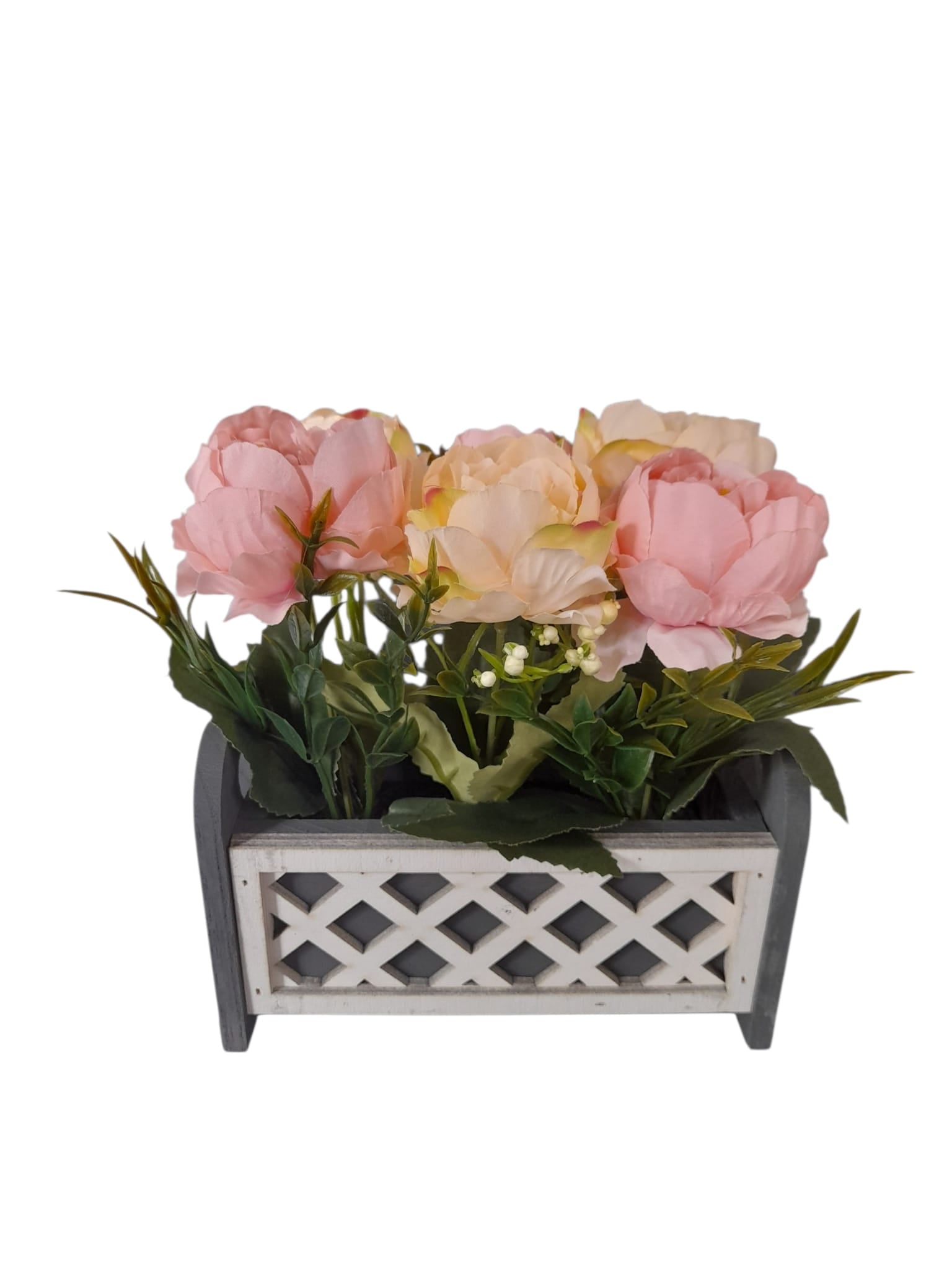 Flores Artificiales en Caja de Madera Gris.