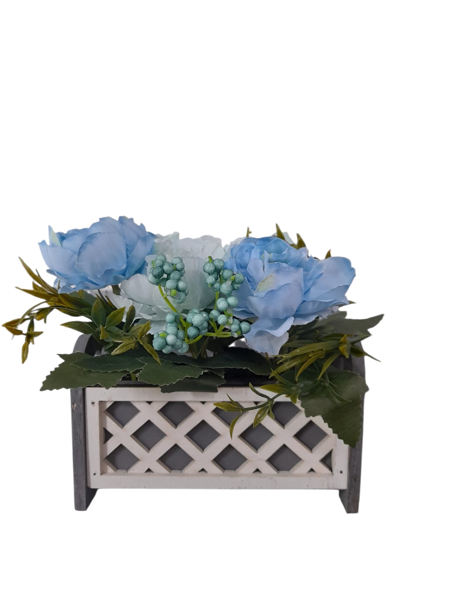 Flores Artificiales en Caja de Madera Gris.