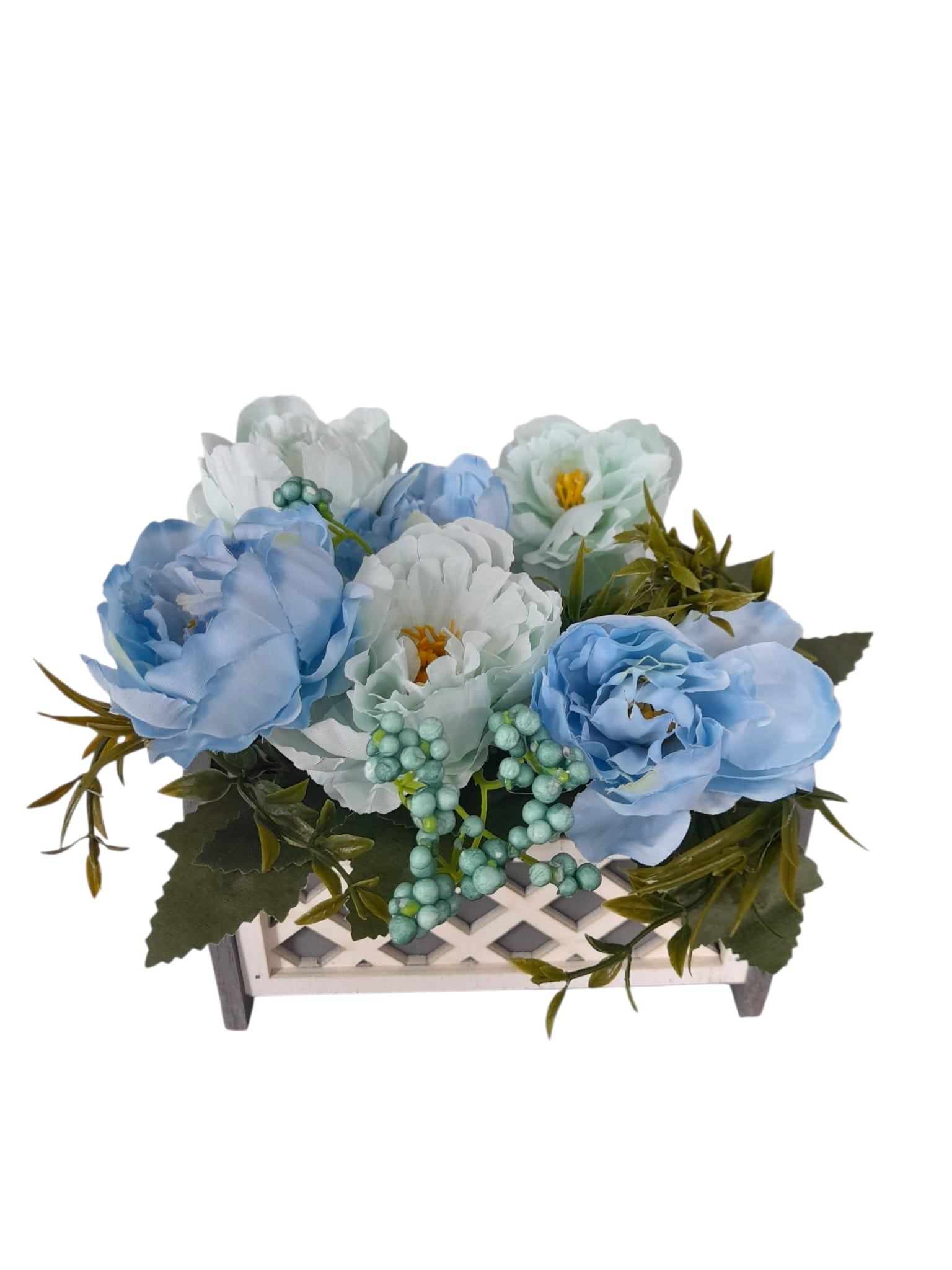 Flores Artificiales en Caja de Madera Gris.