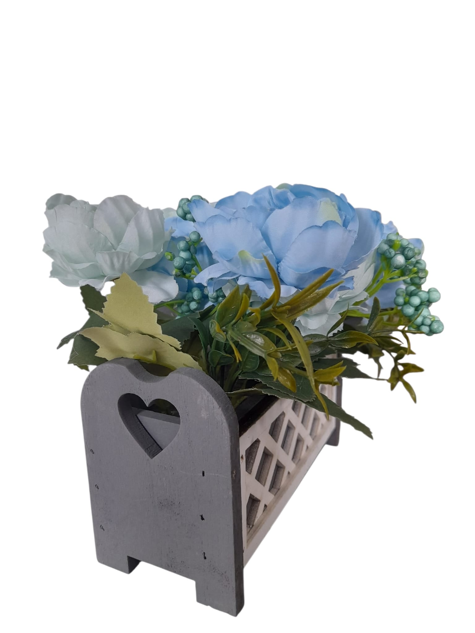 Flores Artificiales en Caja de Madera Gris.