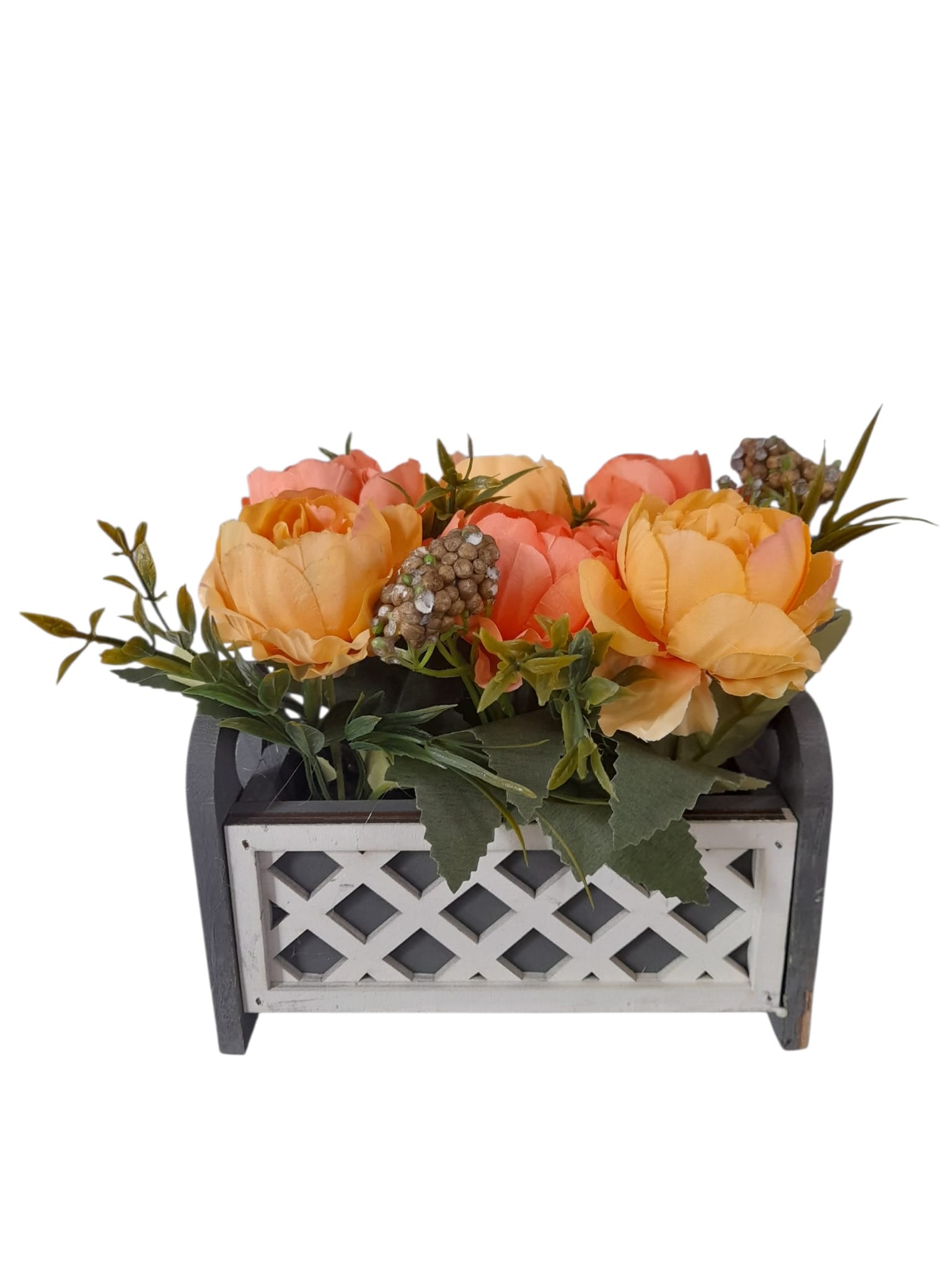 Flores Artificiales en Caja de Madera Gris.