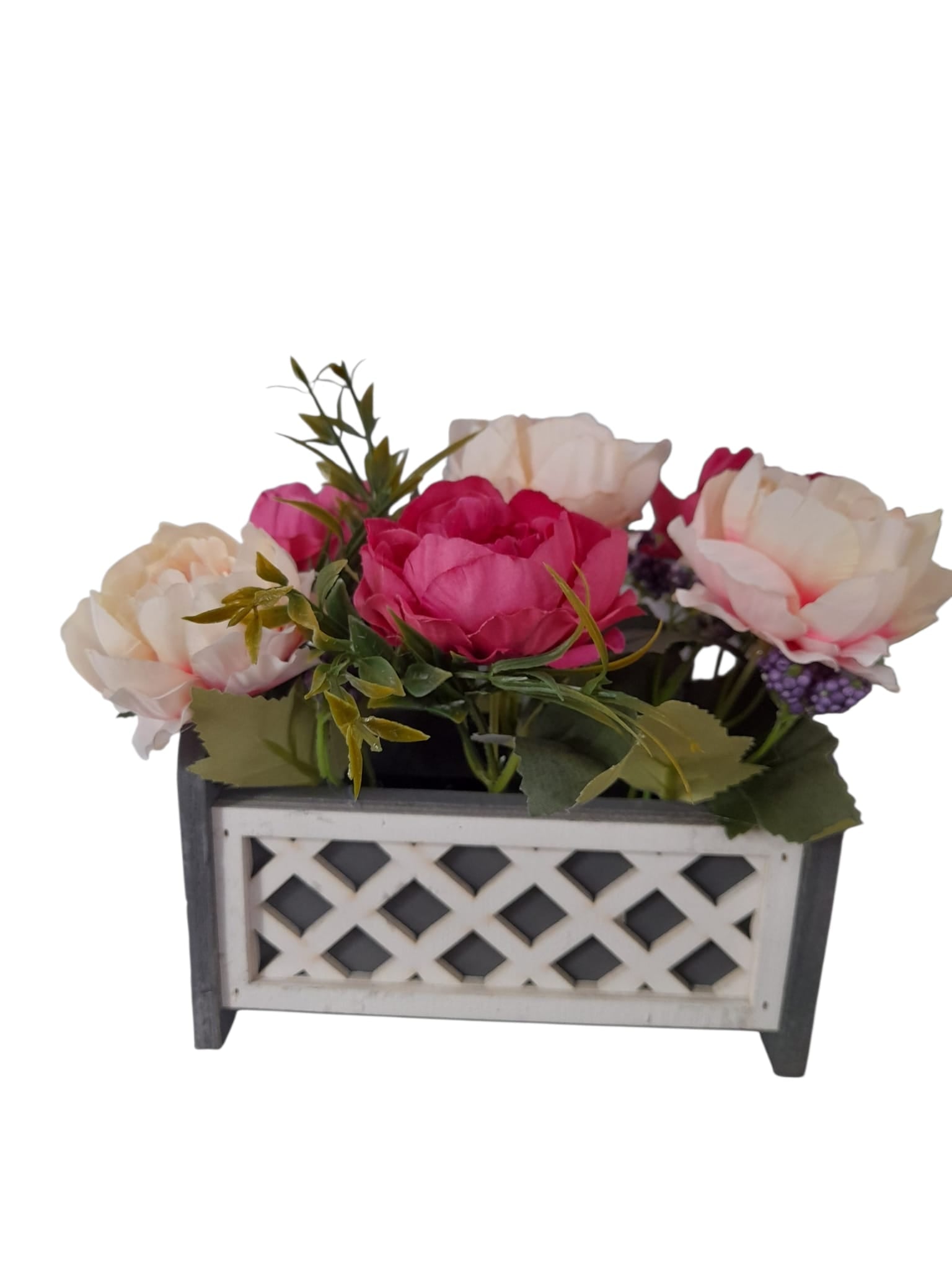 Flores Artificiales en Caja de Madera Gris.