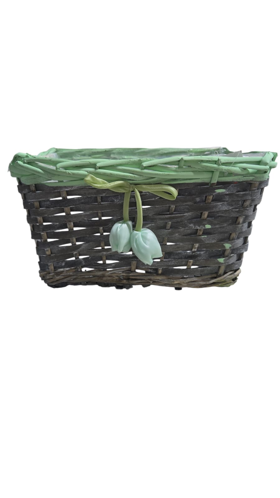 Canasta Trenzada Rectangular - Lazo con Tulipán Verde.