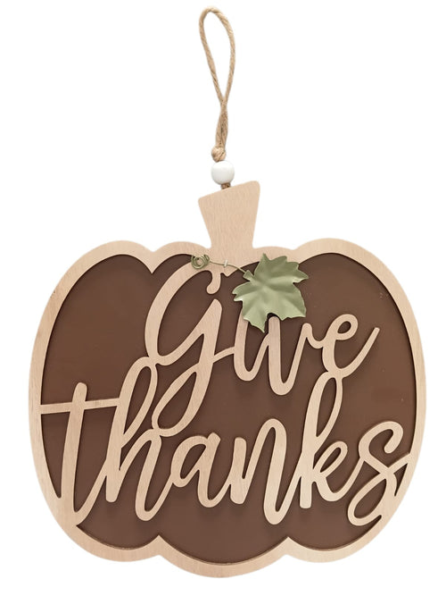 Autumn - Decorative wooden wall pumpkin, "Give Thanks" message 10.5"x10"