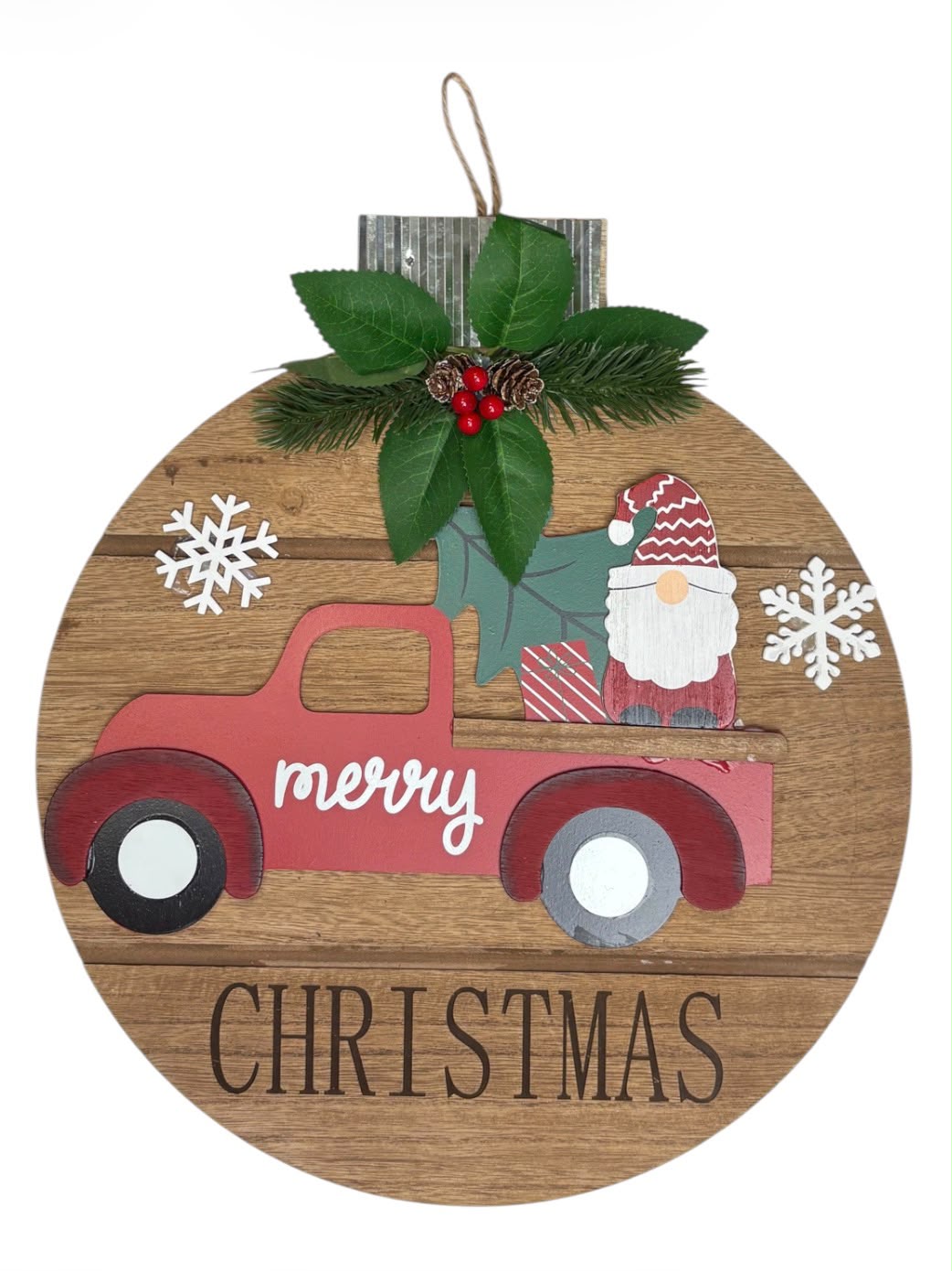 Placa Navideña de Madera | Esfera con Gnomo y Camioneta – 14"
