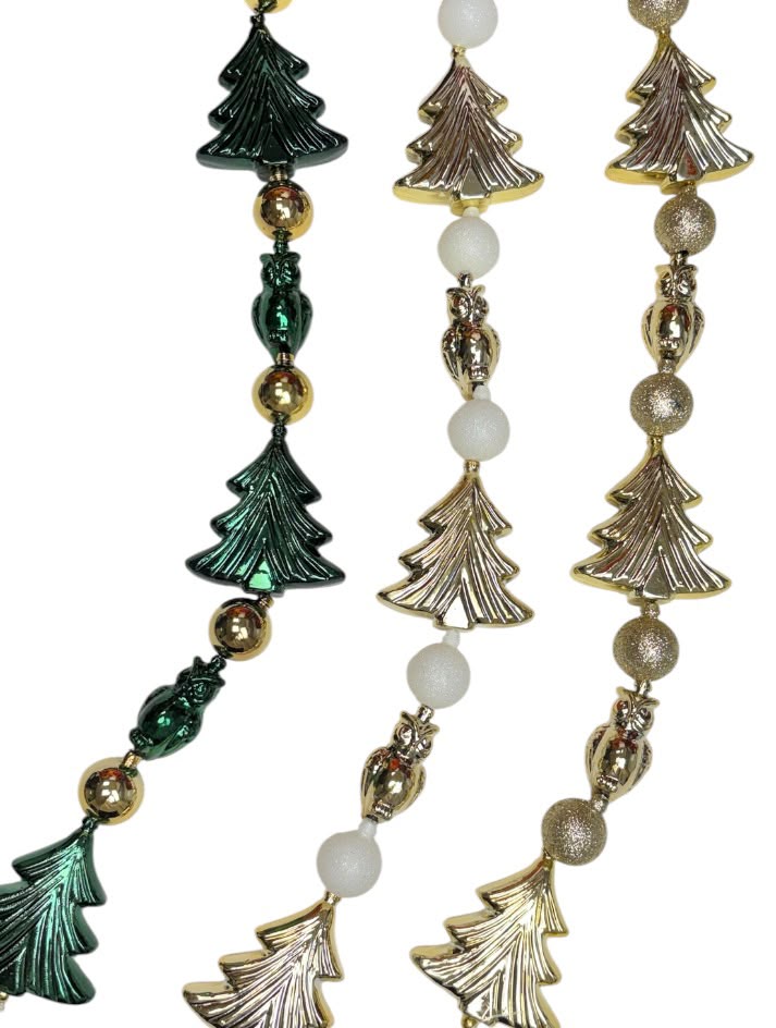 Garland Navideño de Árbolitos, Búhos y Esferas – 6 ft