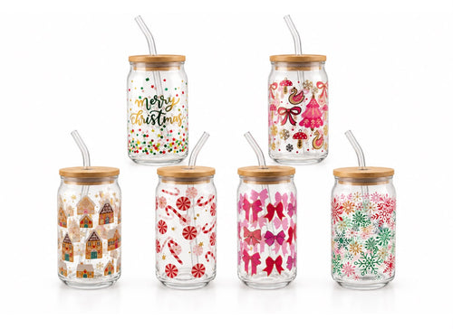 Christmas Glass Cup with Bamboo Lid & Straw | 16 oz | 6 Designs