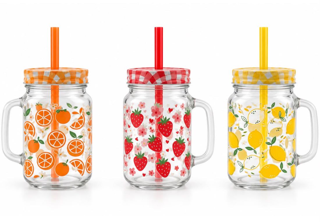 Fruit Mason Jar with Matching Lid & Straw | 15 oz | 3 Designs