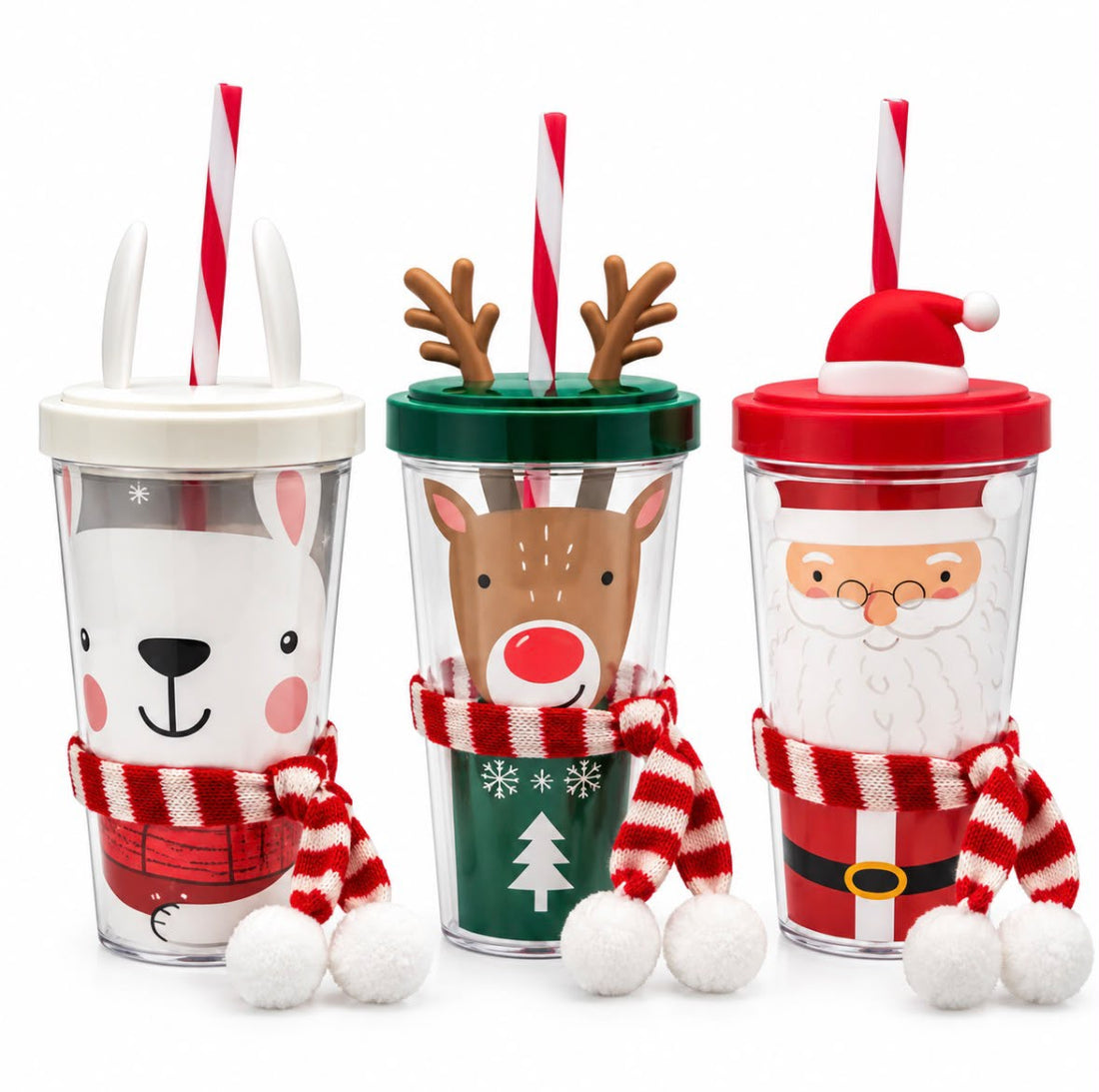 Vaso Acrílico Navideño con Sorbeto y Bufanda Decorativa | 3 Diseños