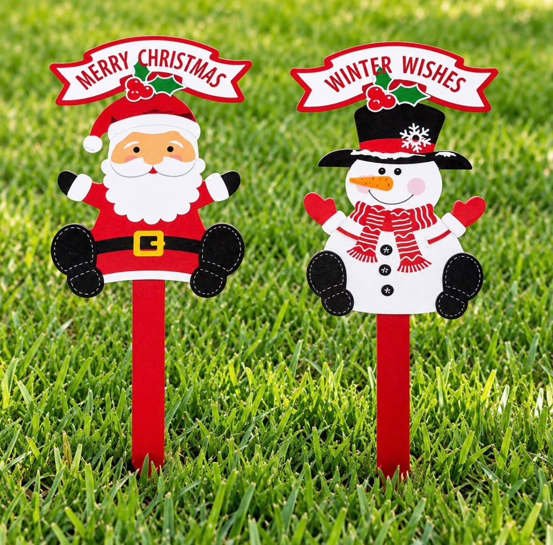 Xmas Wooden Yard Stake | 15.7" | Santa Claus & Snowman