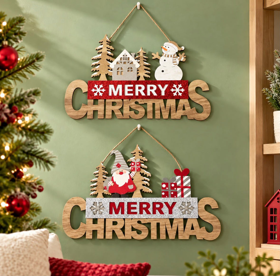 XMAS | Wooden Wall Plaque 15.7" x 10.2" | Gnomo & Snowman