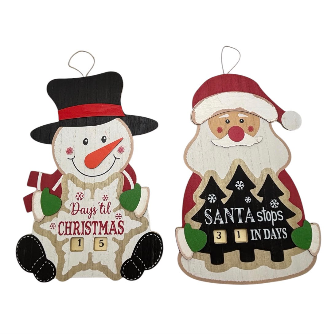 XMAS | Wooden Countdown Wall Hanging | Snowman & Santa | 13.3"