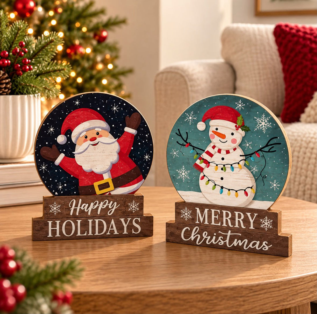 Wooden Christmas Snow Globe Decor | Santa & Snowman | 4.6" x 5.7"
