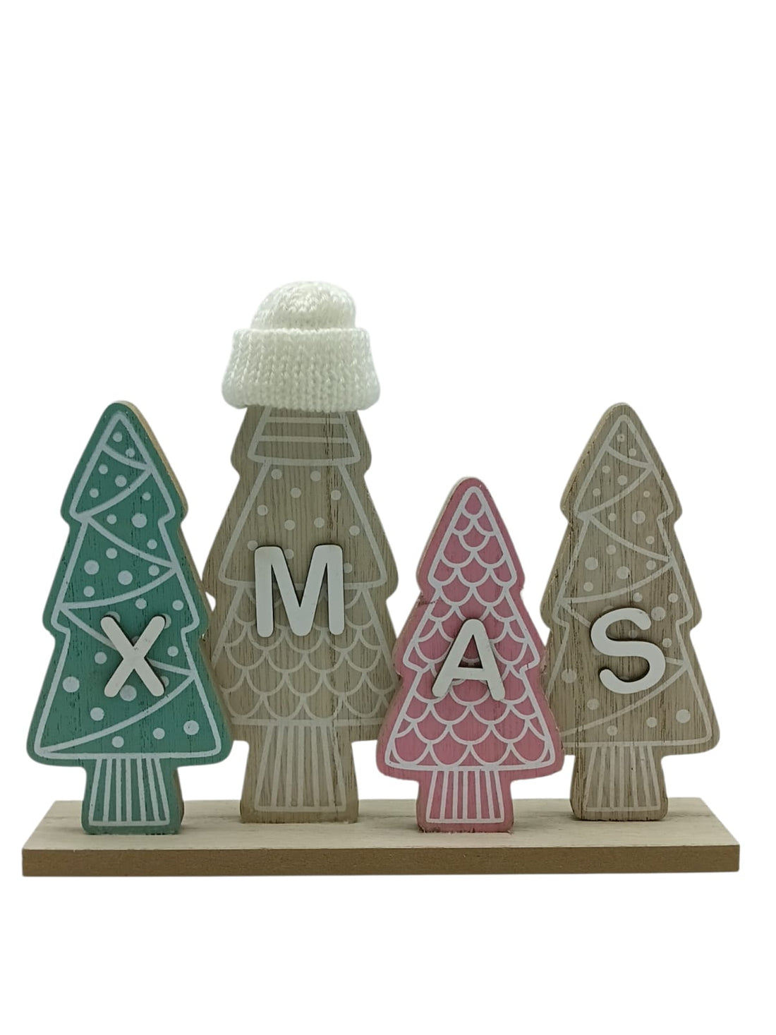 Pastel "Xmas" Wooden Tree Plaque Decor w/ Hat – 9.1"
